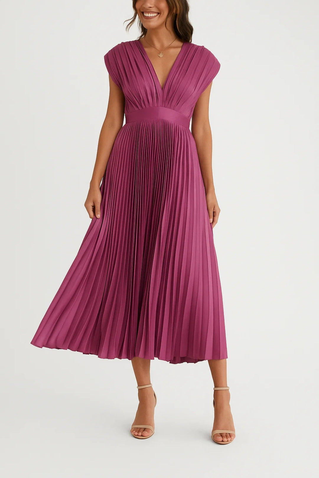 Xiomara Dress for Women – Elegant Pleated Midi Dress with V-Neckline & Fitted Waist