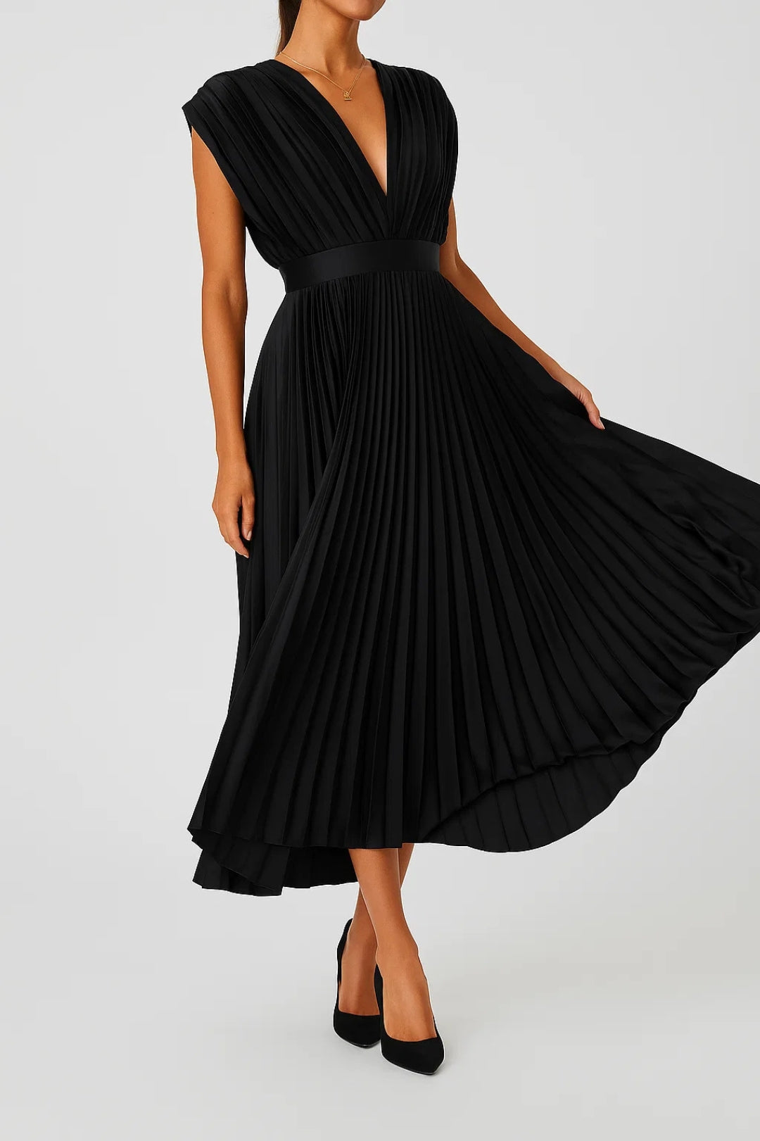 Xiomara Dress for Women – Elegant Pleated Midi Dress with V-Neckline & Fitted Waist