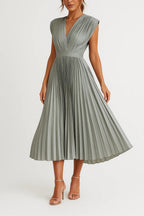 Xiomara Dress for Women – Elegant Pleated Midi Dress with V-Neckline & Fitted Waist