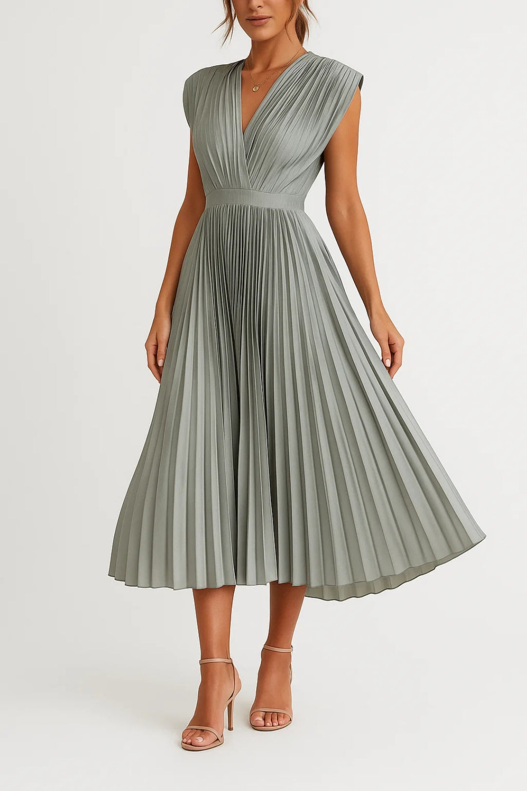 Xiomara Dress for Women – Elegant Pleated Midi Dress with V-Neckline & Fitted Waist
