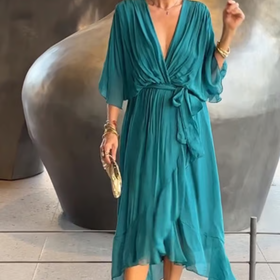 Aceline Wrap Dress for Women – Deep V-Neckline and Waist Belt for an Elegant Flattering Cut