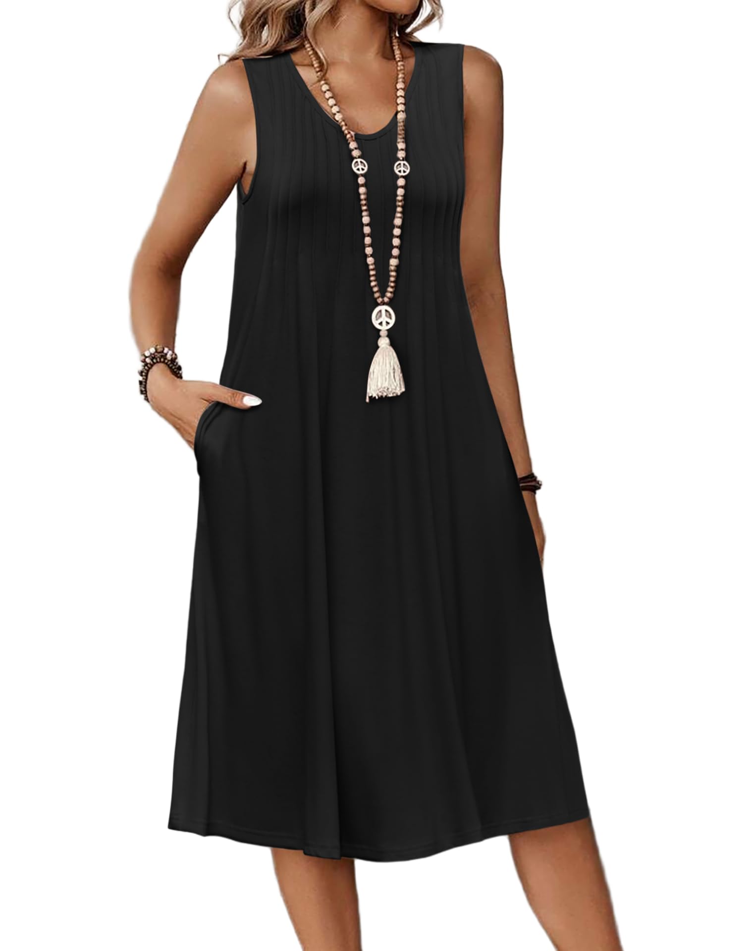 Zita Dress for Women – Sleeveless V-Neck, A-Line Midi Cut & Pockets, Pleated Waist, Summer
