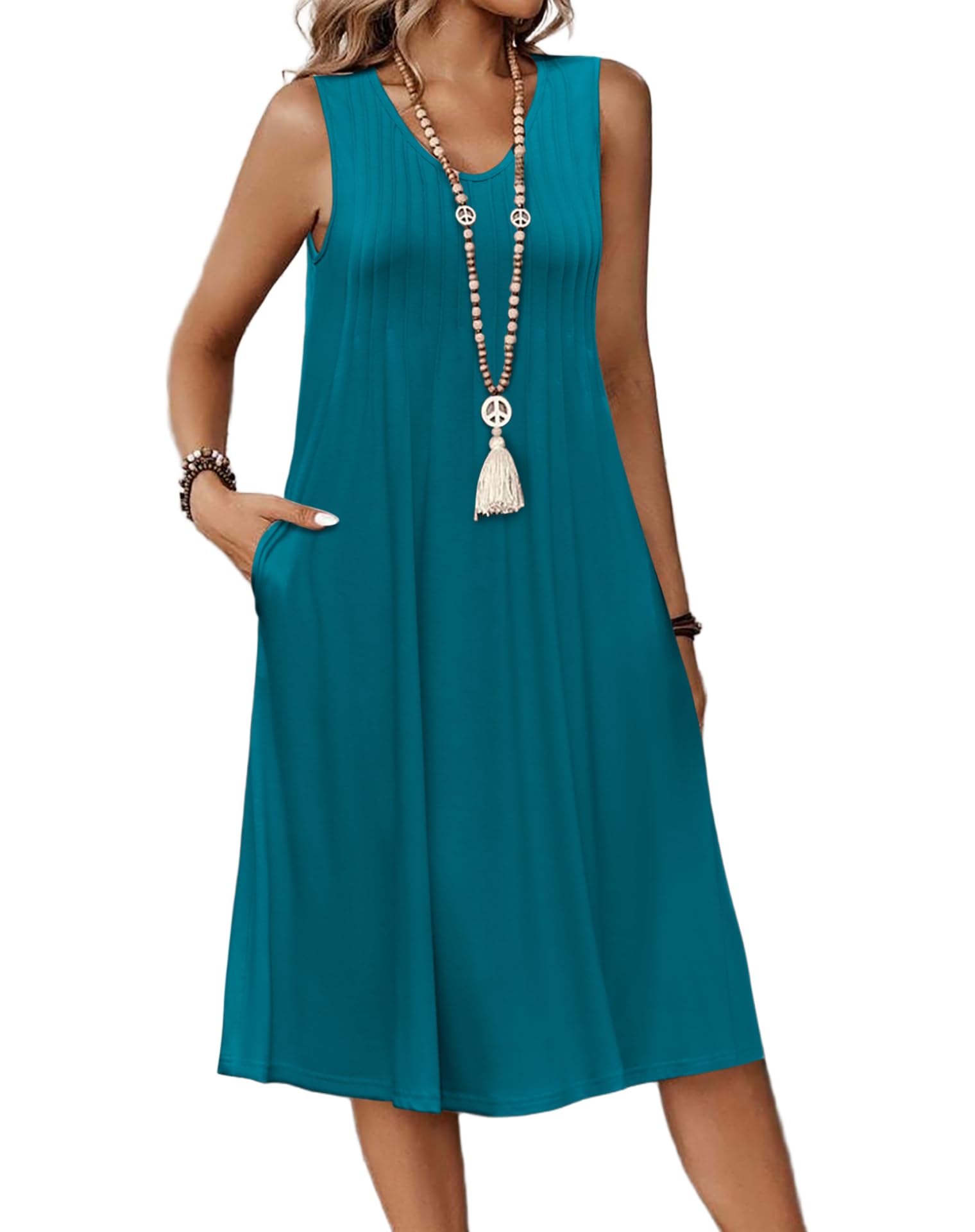 Zita Dress for Women – Sleeveless V-Neck, A-Line Midi Cut & Pockets, Pleated Waist, Summer