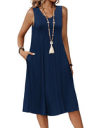 Zita Dress for Women – Sleeveless V-Neck, A-Line Midi Cut & Pockets, Pleated Waist, Summer