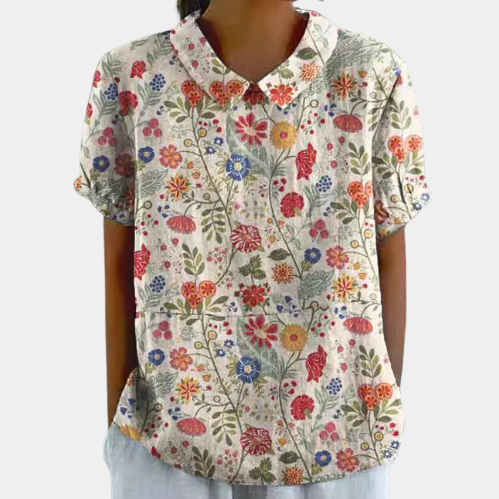 Bruna Blouse for Women – Casual Short-Sleeve Top with Pastoral Floral Print & Round Neck