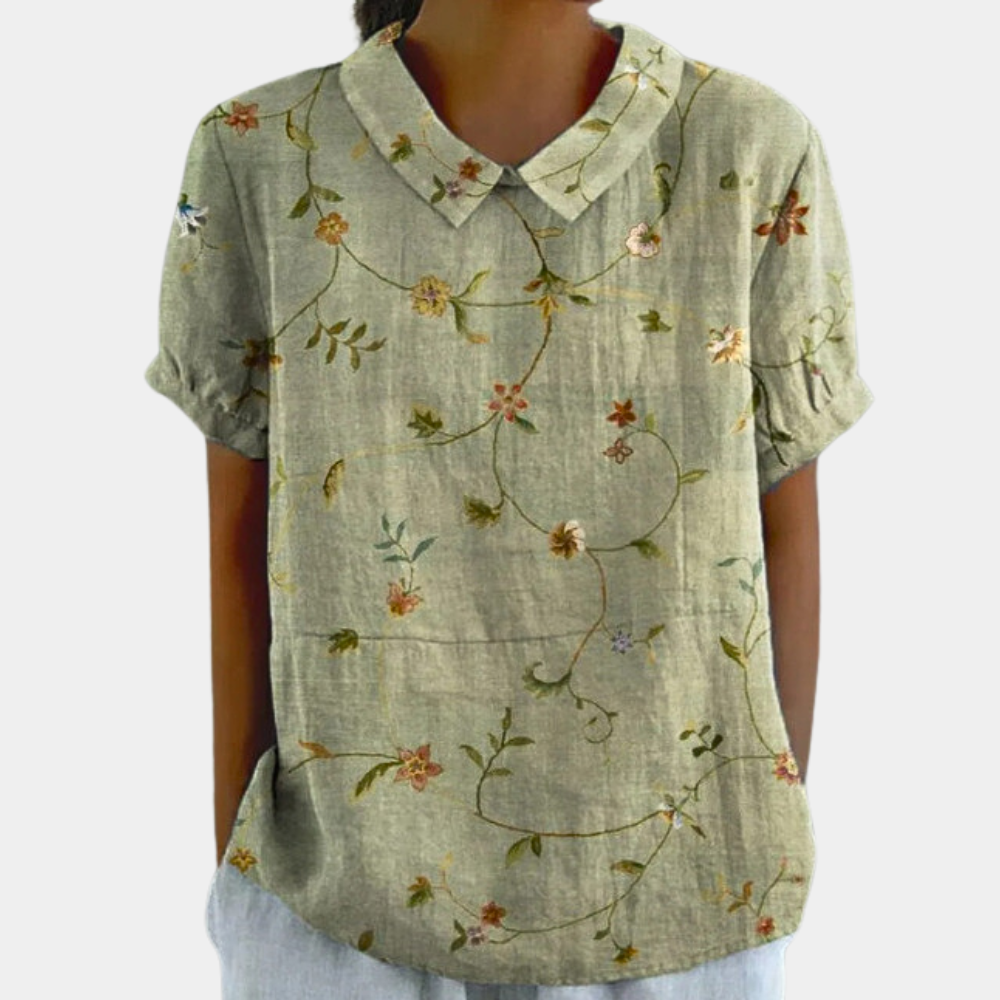 Bruna Blouse for Women – Casual Short-Sleeve Top with Pastoral Floral Print & Round Neck