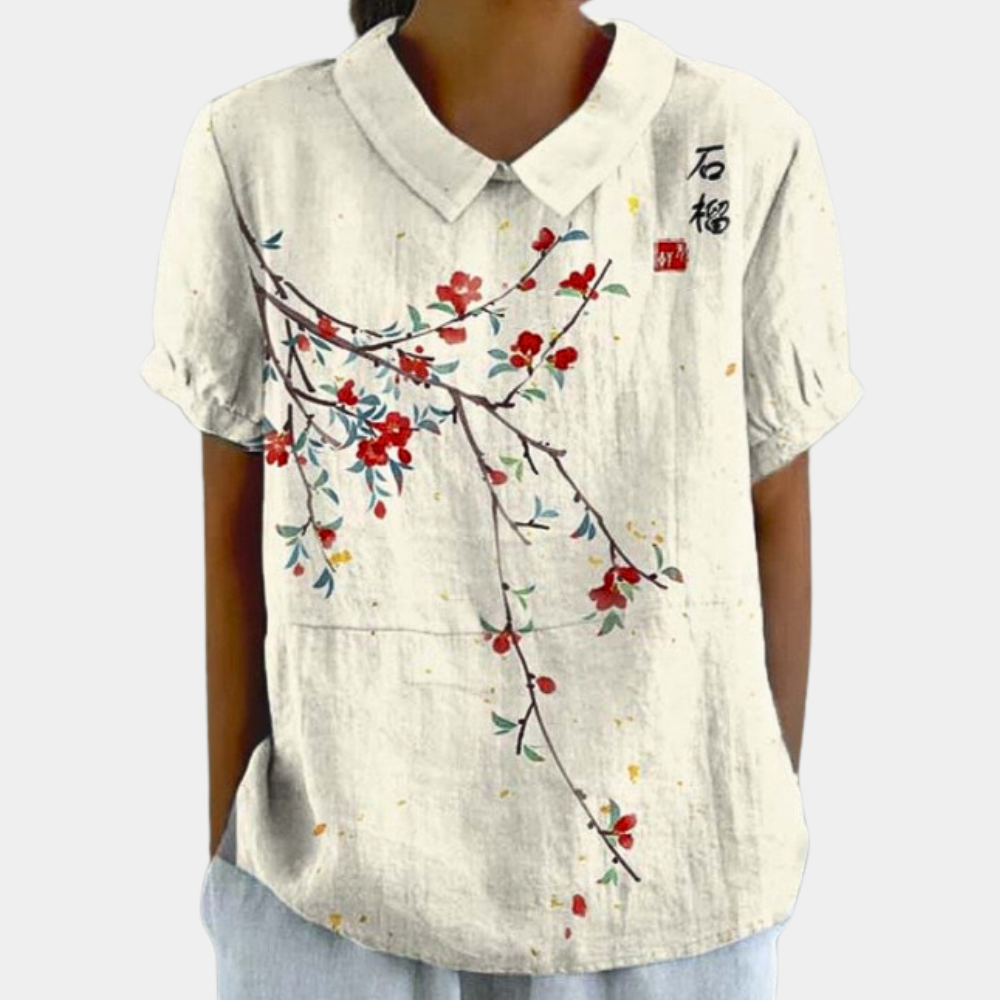 Bruna Blouse for Women – Casual Short-Sleeve Top with Pastoral Floral Print & Round Neck