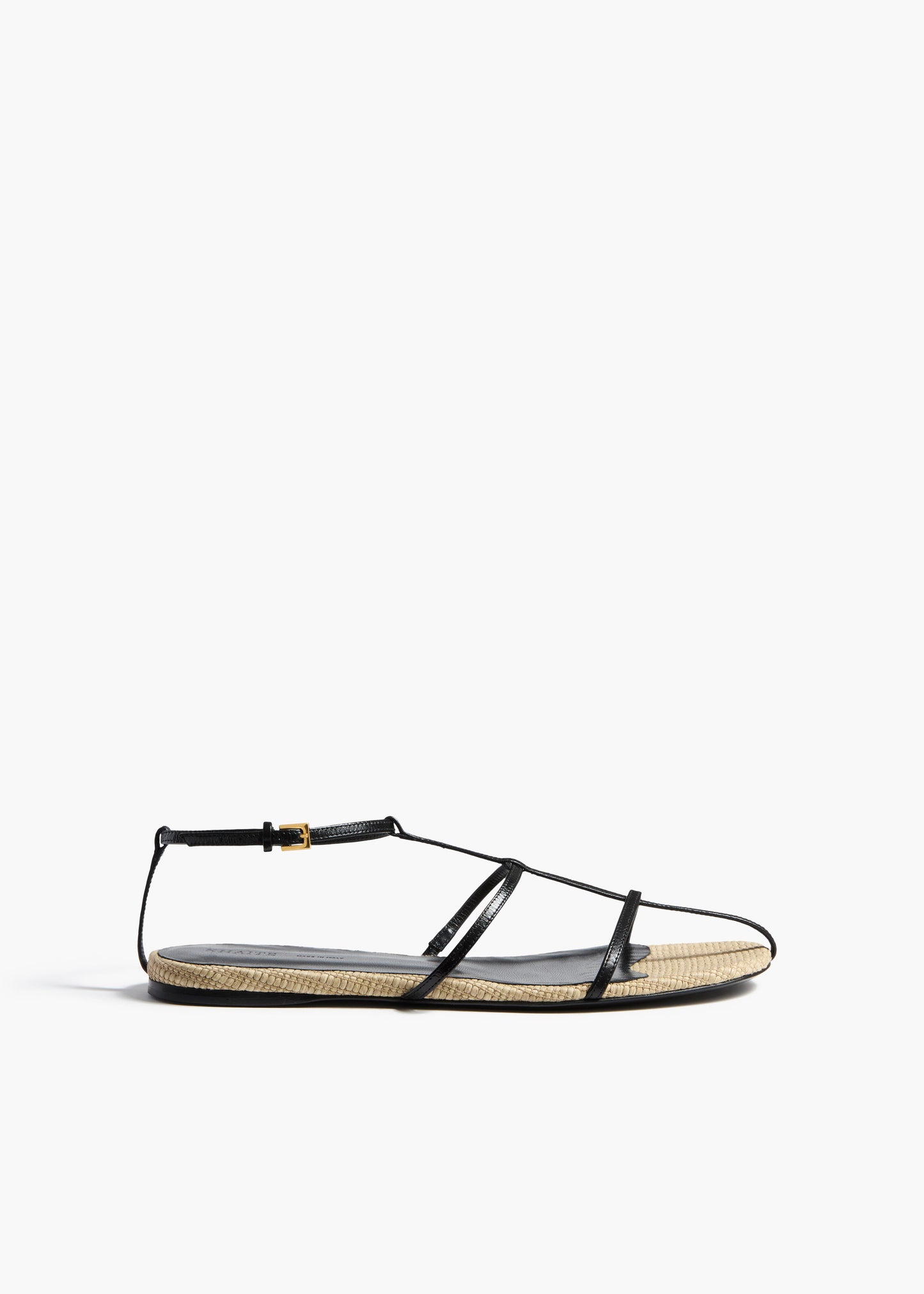 Cage Flat Sandal in Natural Raffia with Black Leather