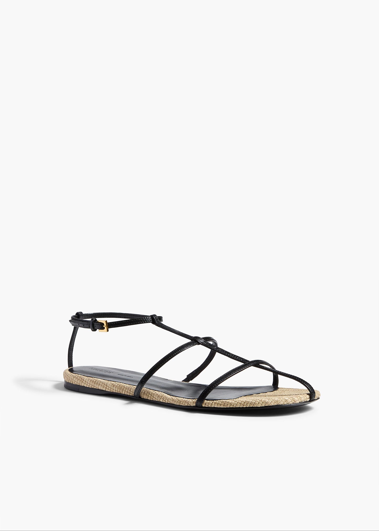 Cage Flat Sandal in Natural Raffia with Black Leather
