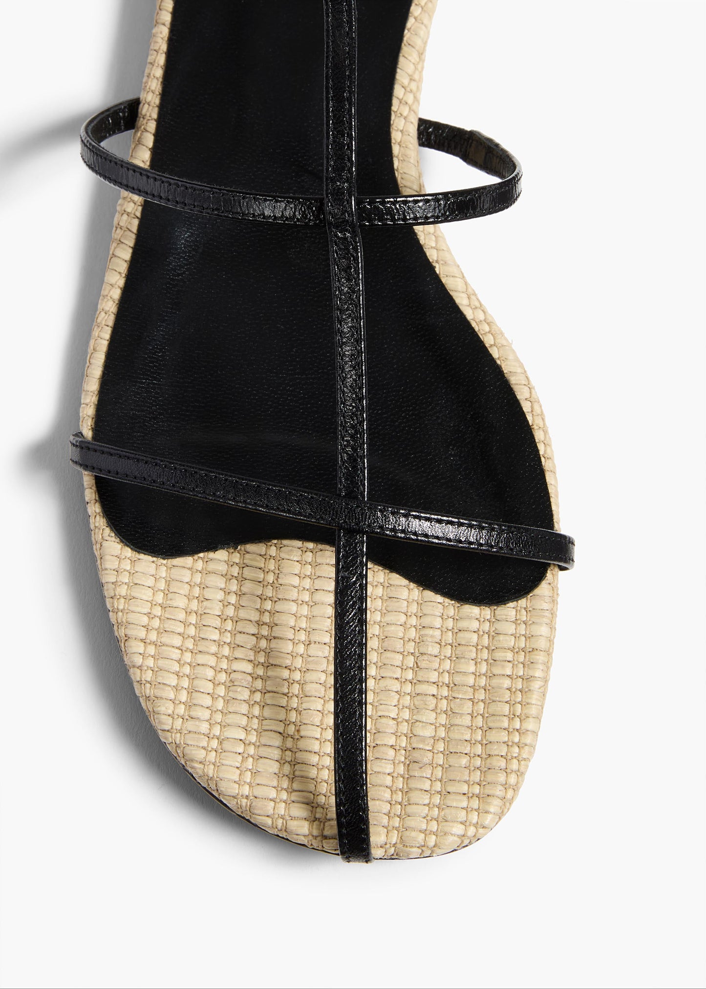 Cage Flat Sandal in Natural Raffia with Black Leather