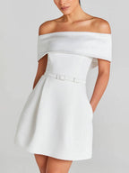 Haziel Cocktail Dress for Women – Sleeveless Skater Dress with Boat Neck, Belt & Elegant Cut