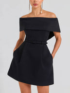 Haziel Cocktail Dress for Women – Sleeveless Skater Dress with Boat Neck, Belt & Elegant Cut