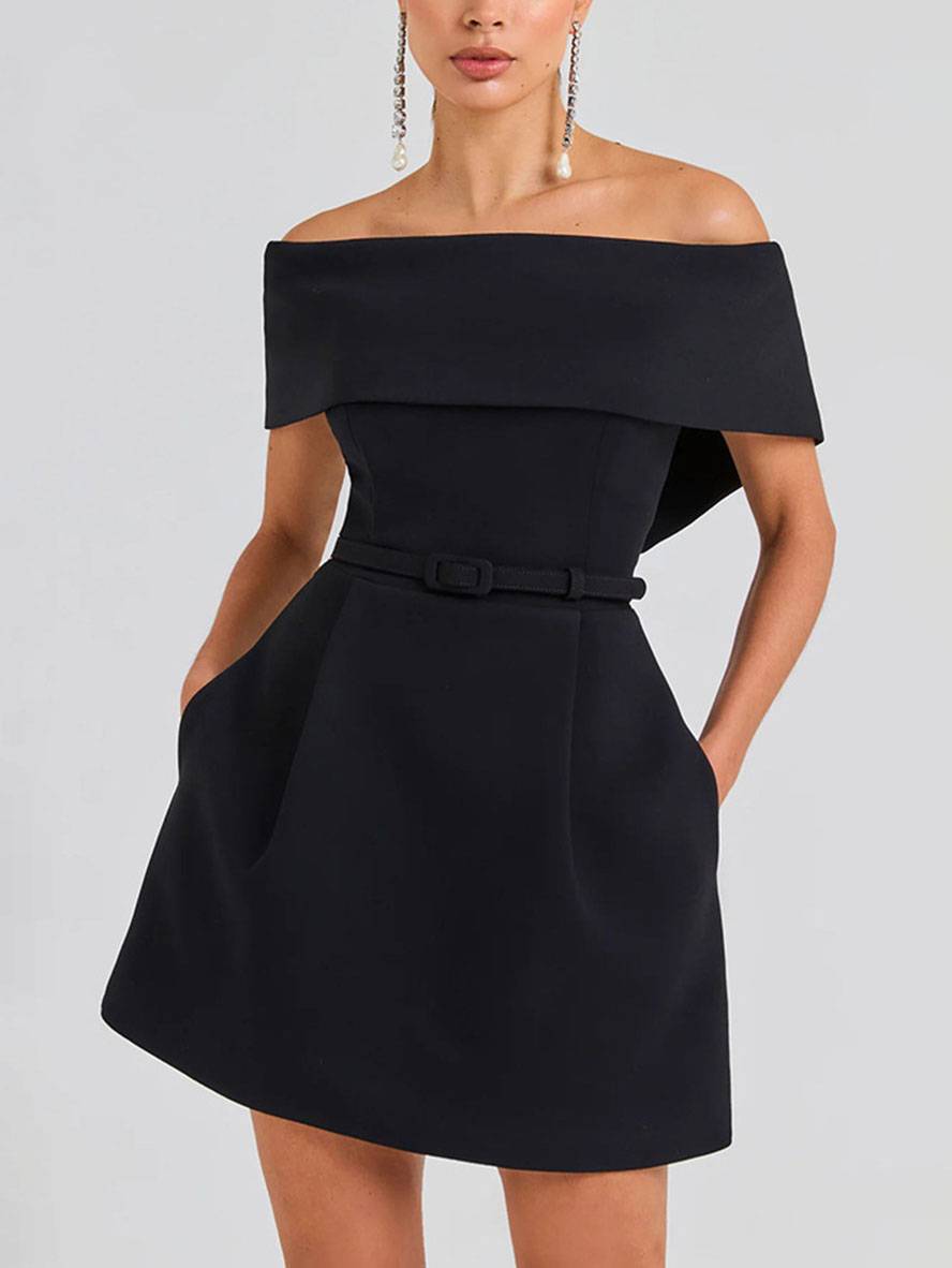 Haziel Cocktail Dress for Women – Sleeveless Skater Dress with Boat Neck, Belt & Elegant Cut