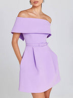 Haziel Cocktail Dress for Women – Sleeveless Skater Dress with Boat Neck, Belt & Elegant Cut