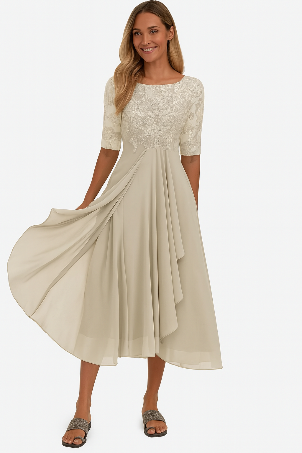 Vera Elegant Dress for Women – Lace & Chiffon Dress, A-Line, Mid-Length & Short Sleeves