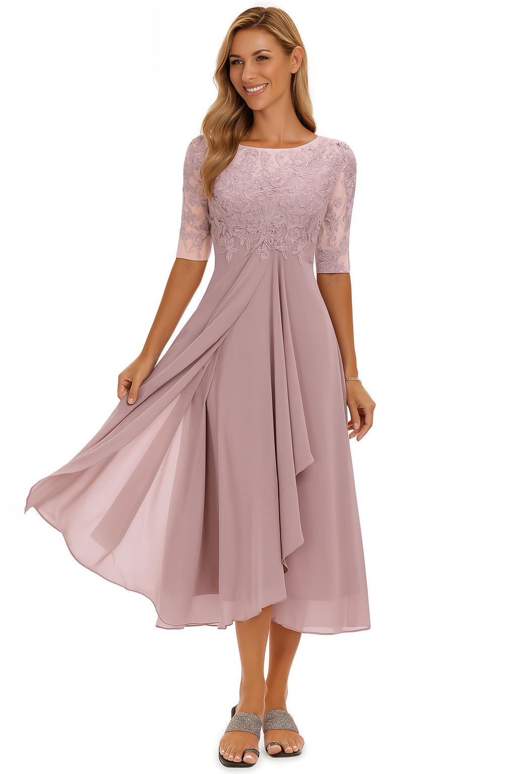 Vera Elegant Dress for Women – Lace & Chiffon Dress, A-Line, Mid-Length & Short Sleeves