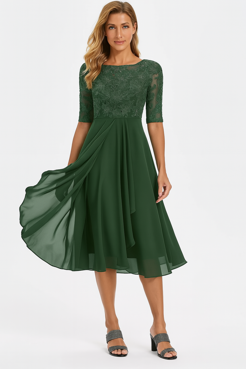 Vera Elegant Dress for Women – Lace & Chiffon Dress, A-Line, Mid-Length & Short Sleeves