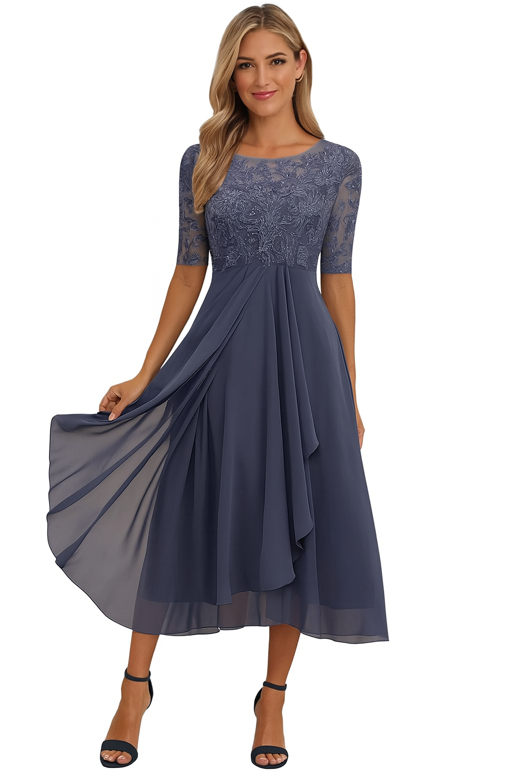 Vera Elegant Dress for Women – Lace & Chiffon Dress, A-Line, Mid-Length & Short Sleeves