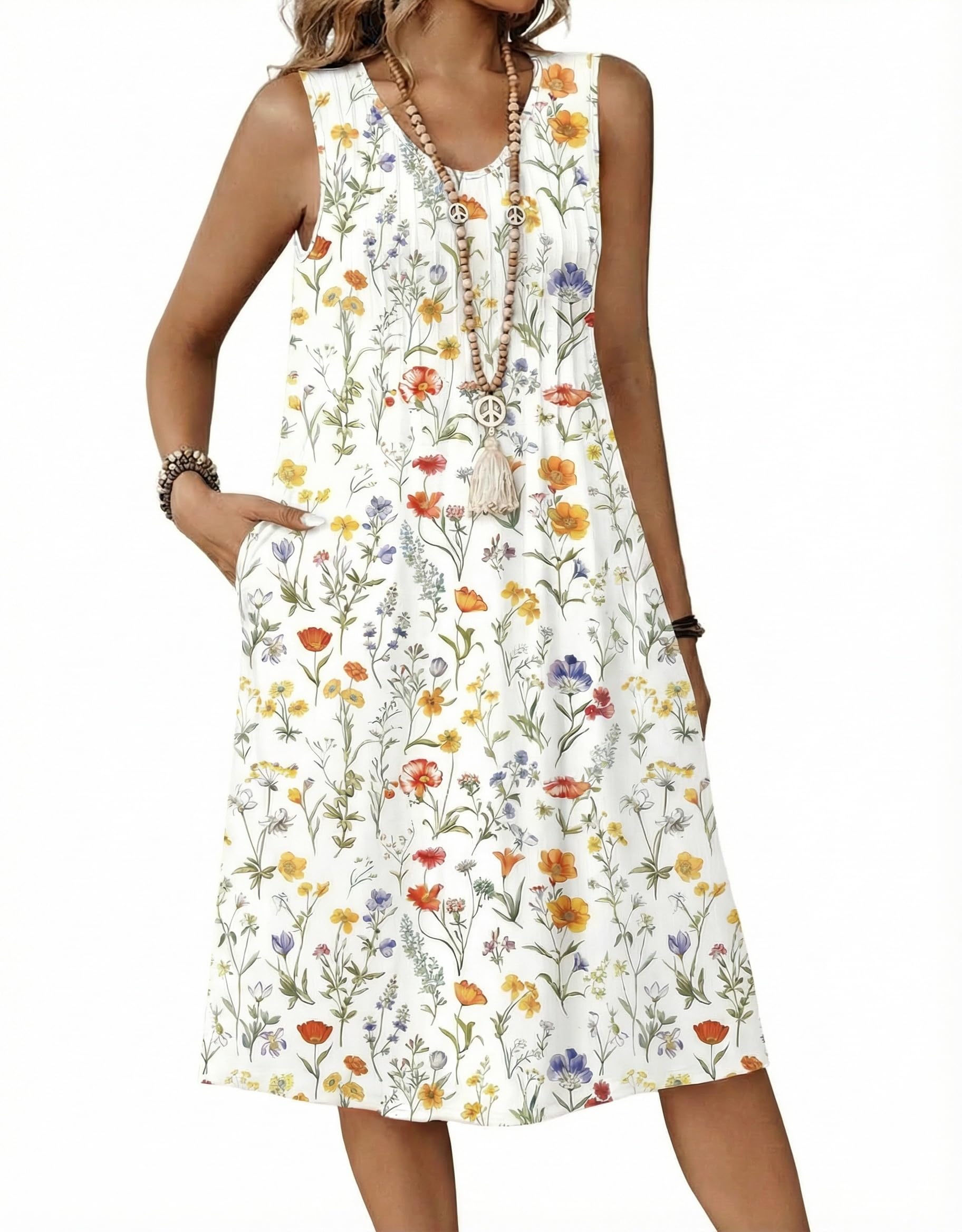 Zita Dress for Women – Sleeveless V-Neck, A-Line Midi Cut & Pockets, Pleated Waist, Summer