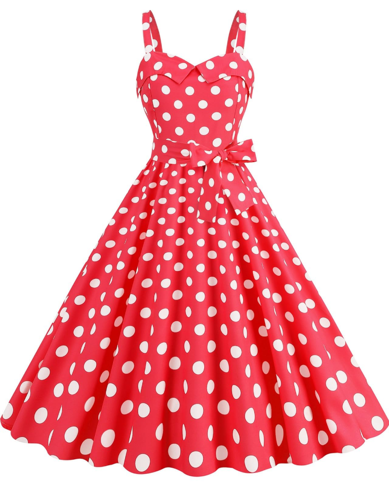 Rosie Dress for Women – Vintage Polka Dot Midi Dress, Sleeveless V-Neck, High Waist, Rockabilly Chic