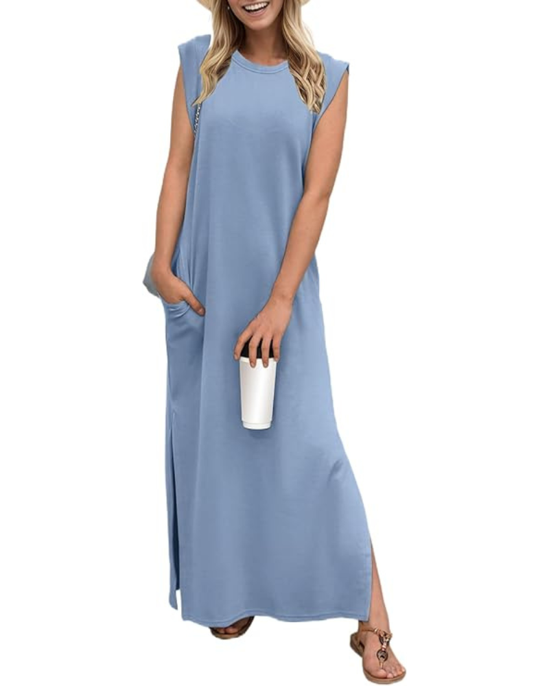 Tulip Long Dress for Women – Sleeveless, Round Neck & Pockets, Flowy Elegant Summer