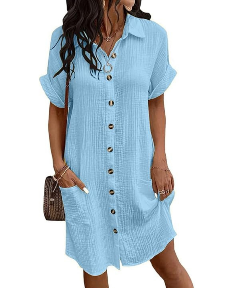 Rose Shirt Dress for Women – Cotton Linen, V-Neck & Buttoned A-Line Cut, Casual Summer