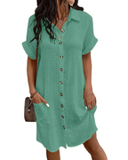 Rose Shirt Dress for Women – Cotton Linen, V-Neck & Buttoned A-Line Cut, Casual Summer