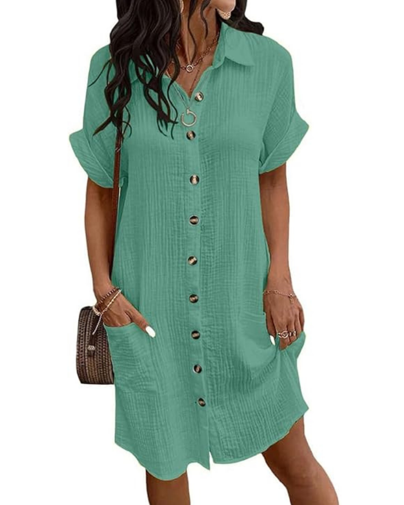 Rose Shirt Dress for Women – Cotton Linen, V-Neck & Buttoned A-Line Cut, Casual Summer