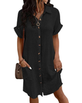 Rose Shirt Dress for Women – Cotton Linen, V-Neck & Buttoned A-Line Cut, Casual Summer