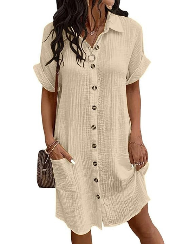 Rose Shirt Dress for Women – Cotton Linen, V-Neck & Buttoned A-Line Cut, Casual Summer