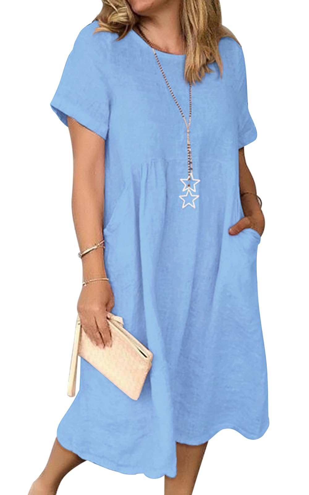 Jessa Dress for Women – Cotton Linen V-Neck, Loose A-Line Cut & Pockets, Midi Summer