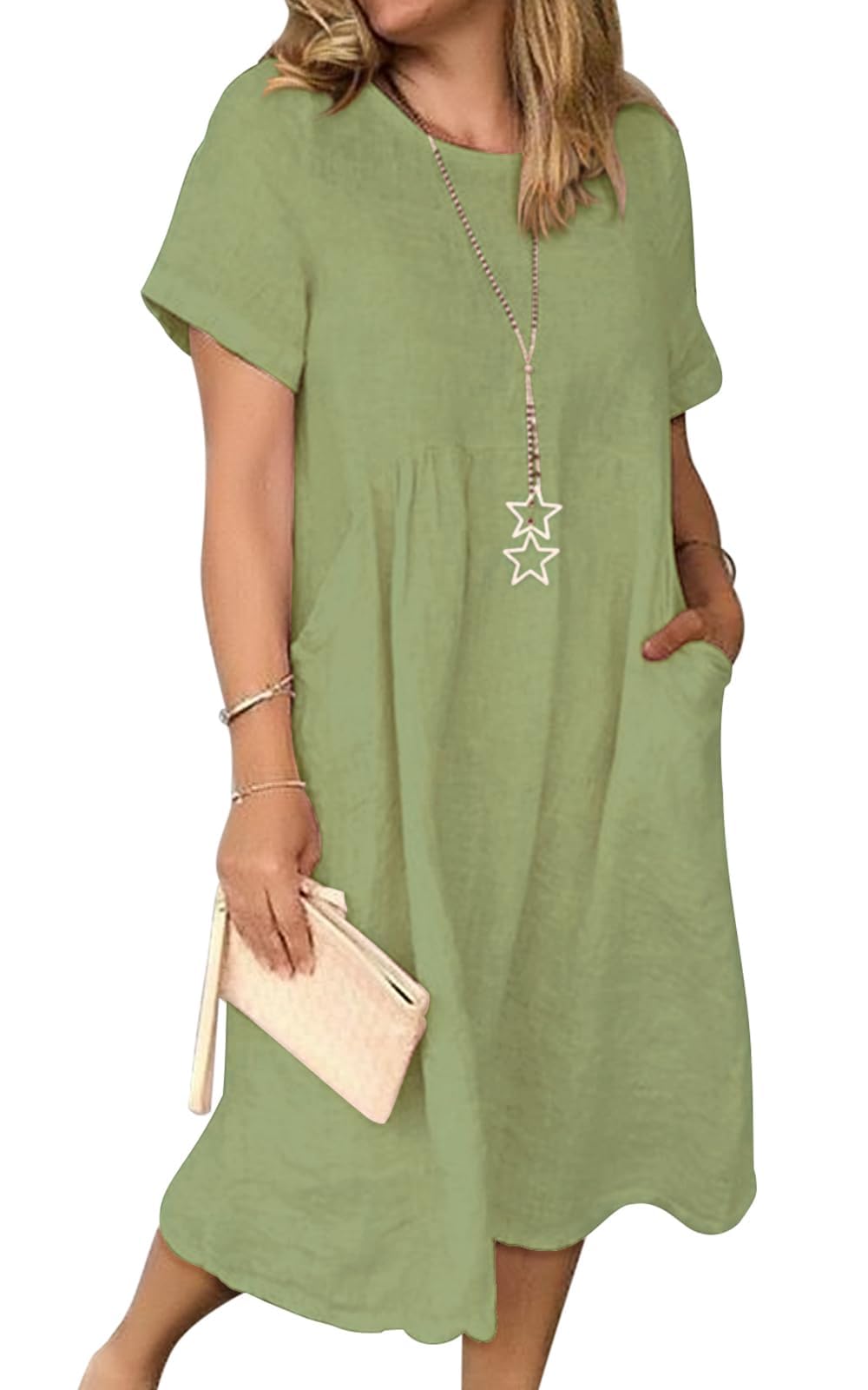 Jessa Dress for Women – Cotton Linen V-Neck, Loose A-Line Cut & Pockets, Midi Summer