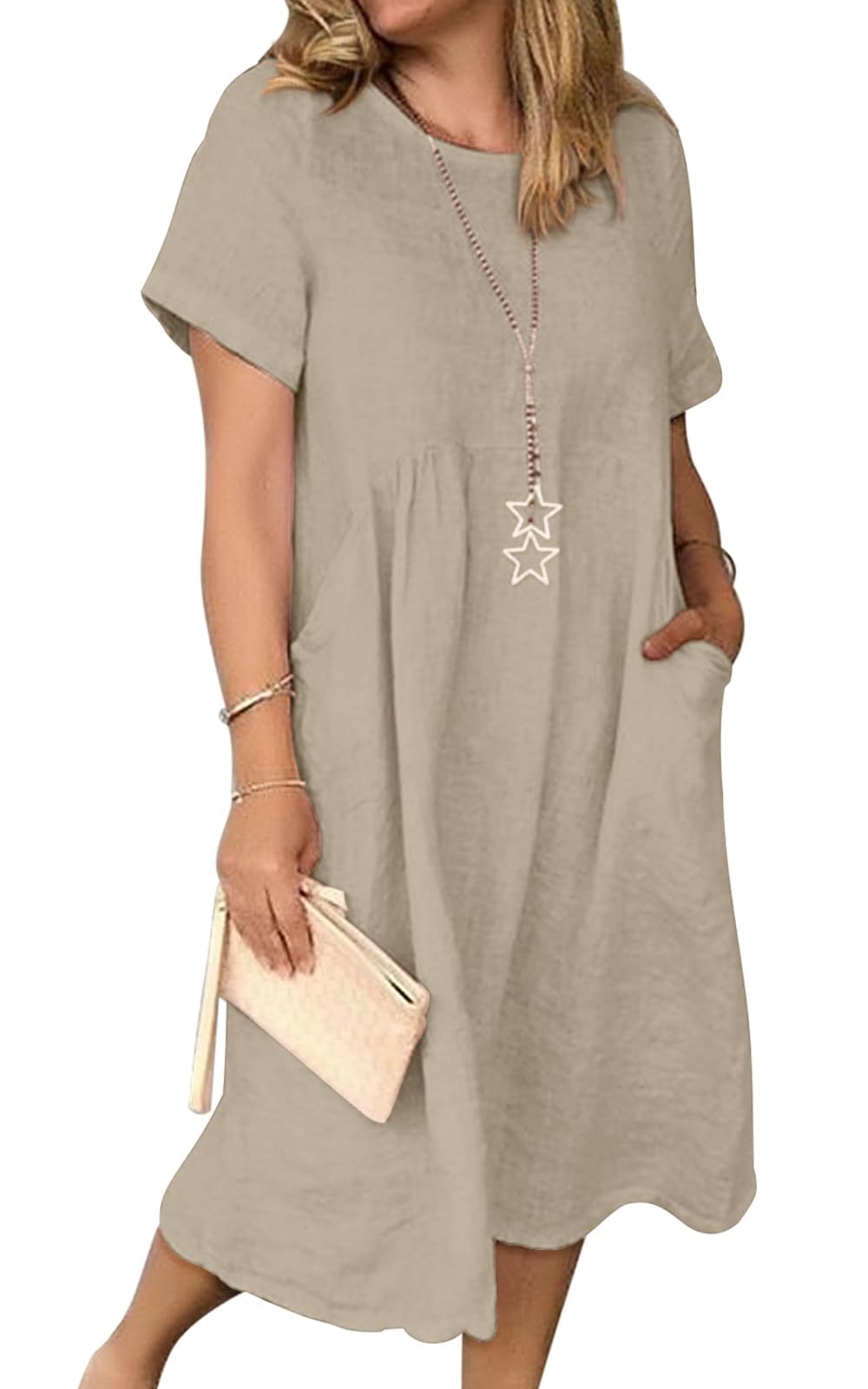 Jessa Dress for Women – Cotton Linen V-Neck, Loose A-Line Cut & Pockets, Midi Summer