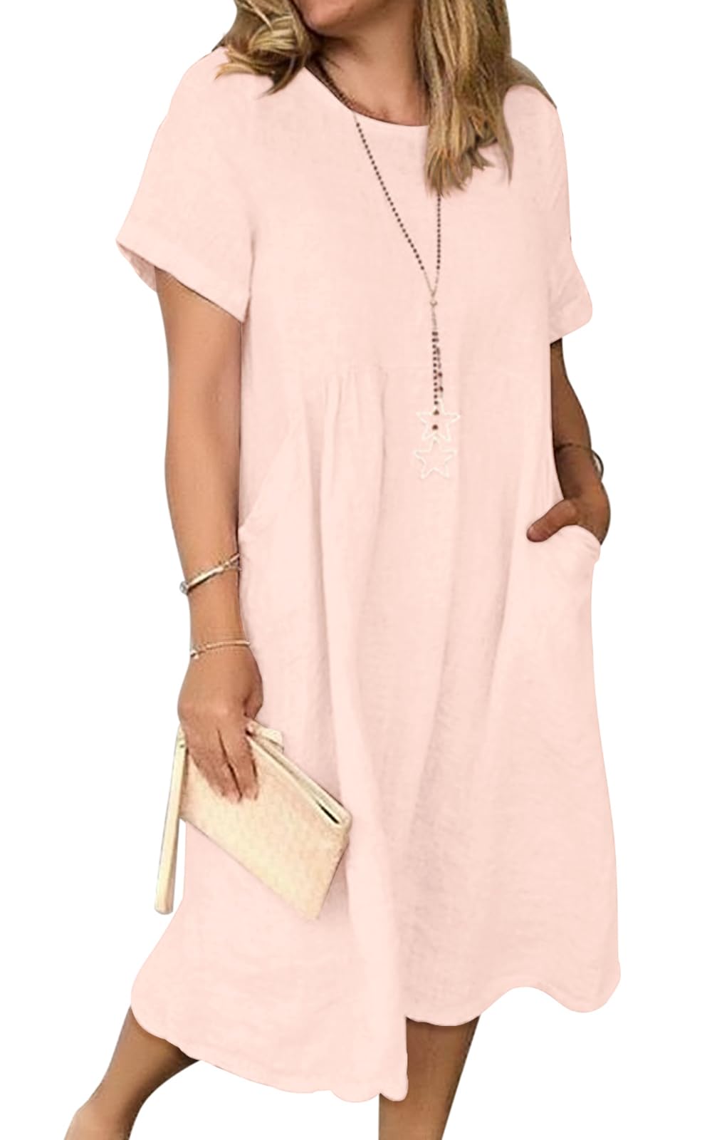 Jessa Dress for Women – Cotton Linen V-Neck, Loose A-Line Cut & Pockets, Midi Summer