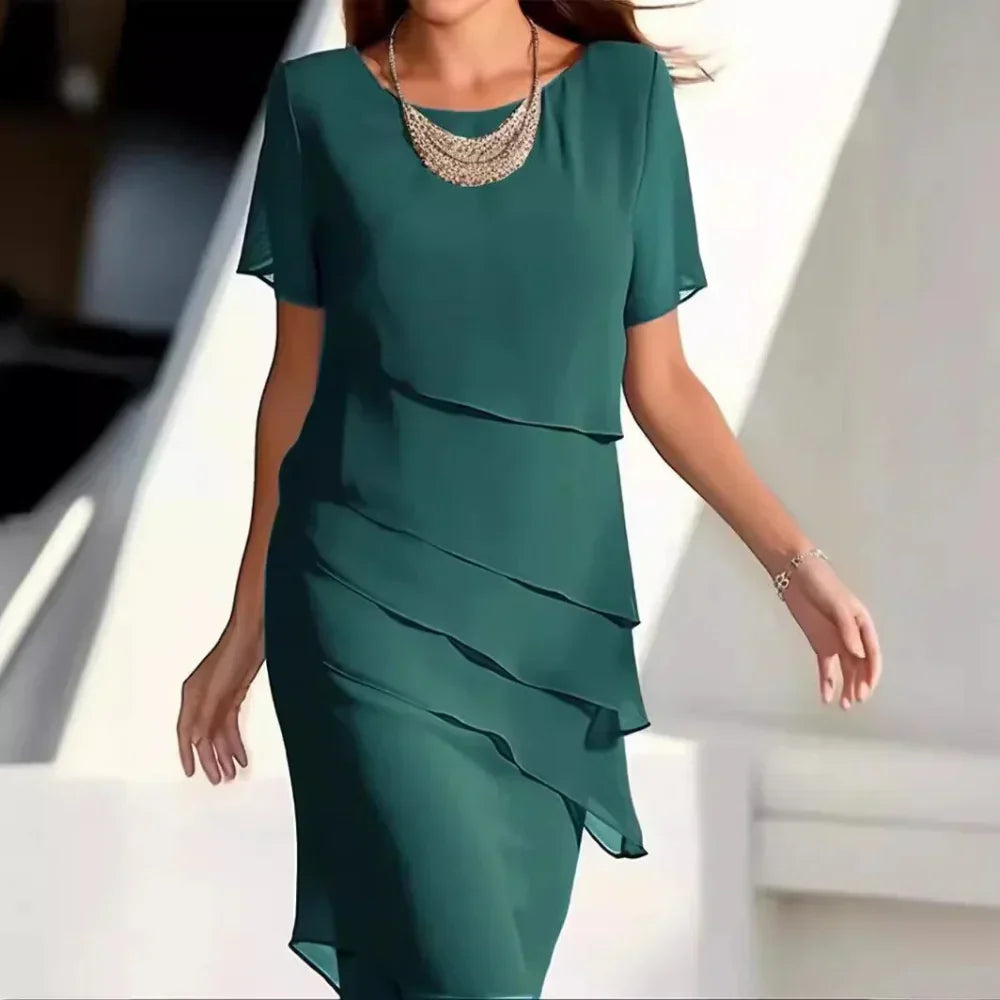 Elena Midi Dress for Women – Elegant Chiffon Dress with Tiered Design & Refined Details