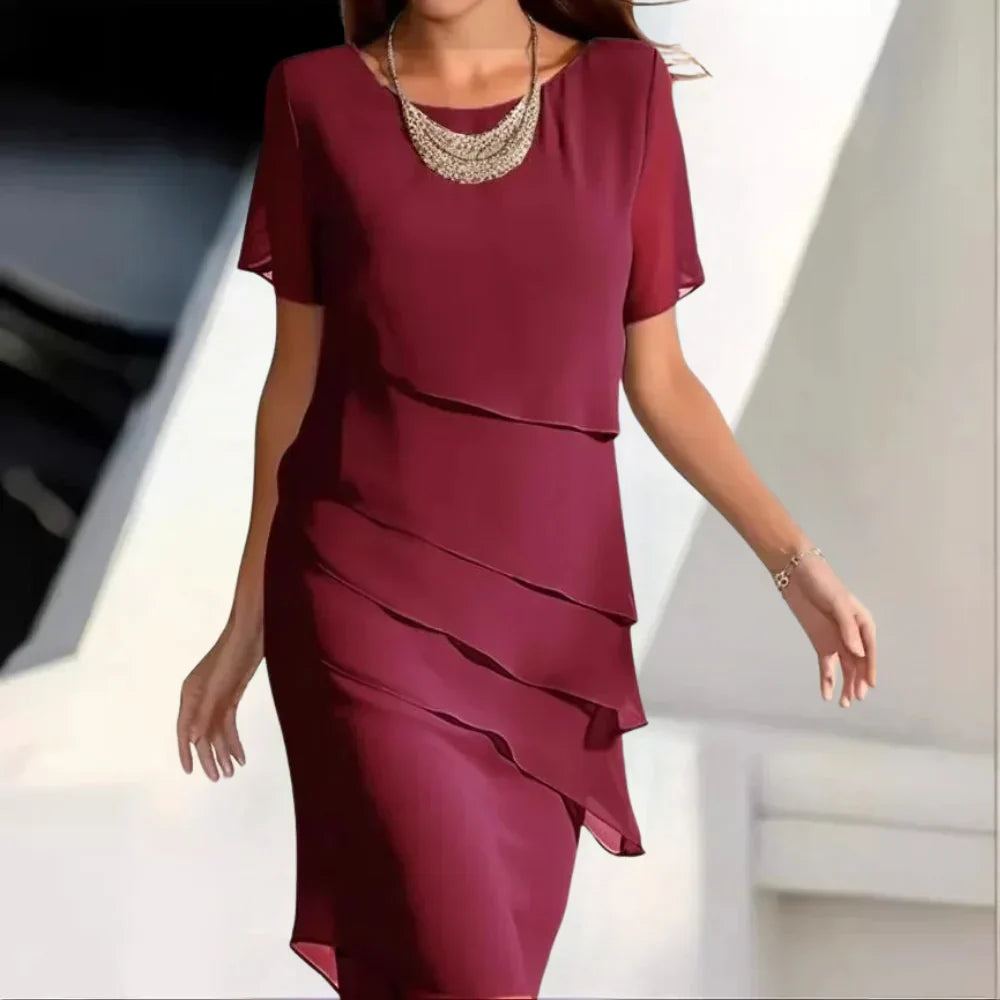 Elena Midi Dress for Women – Elegant Chiffon Dress with Tiered Design & Refined Details