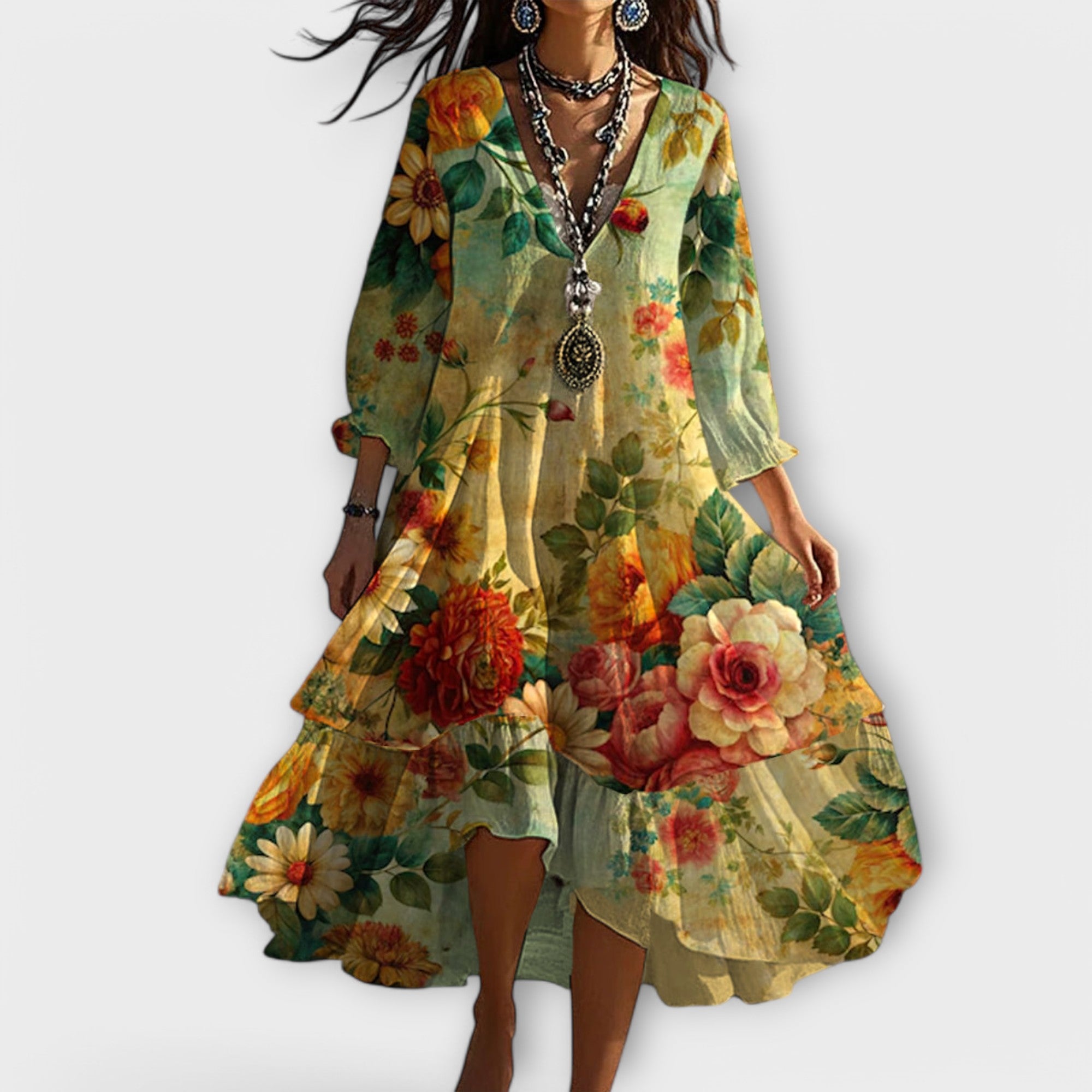 Sylvie Summer Dress for Women – Flowy Cut, Vintage Floral Boho Pattern & Breathable Fabric