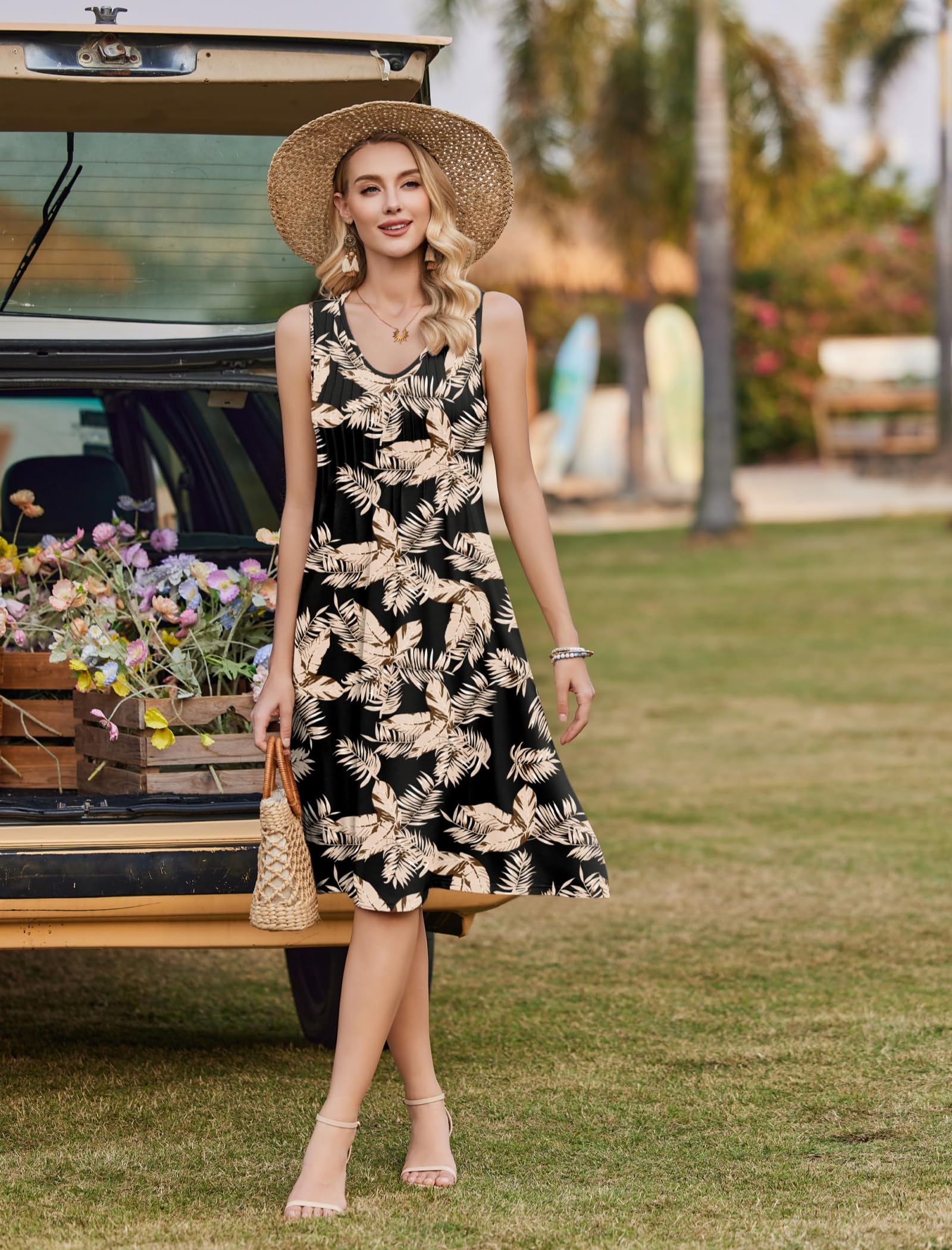 Zita Dress for Women – Sleeveless V-Neck, A-Line Midi Cut & Pockets, Pleated Waist, Summer
