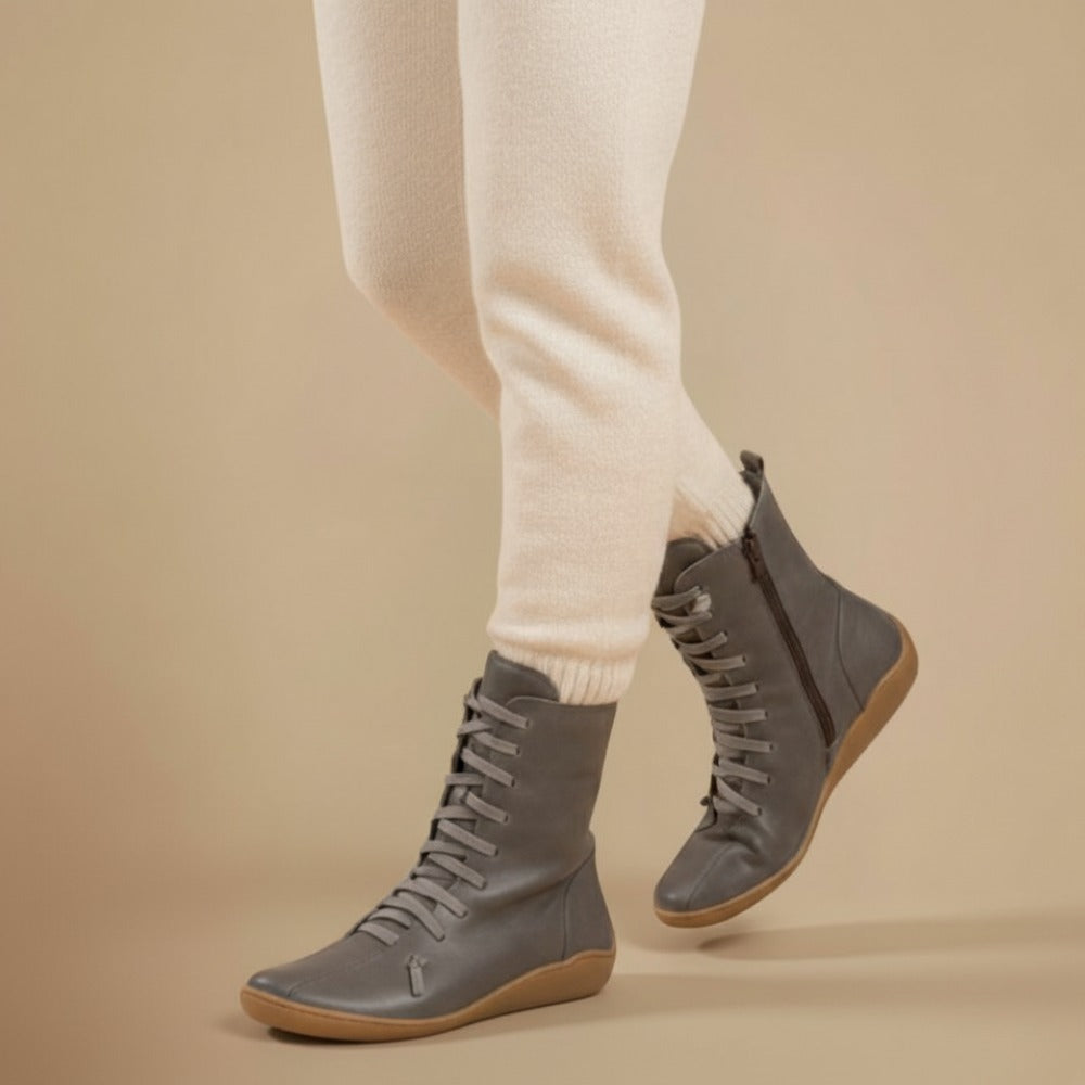 Melly Mid-Calf Boots for Women – Retro Lace-Up Boots with Zip Closure & Flat Sole