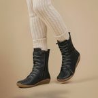 Melly Mid-Calf Boots for Women – Retro Lace-Up Boots with Zip Closure & Flat Sole