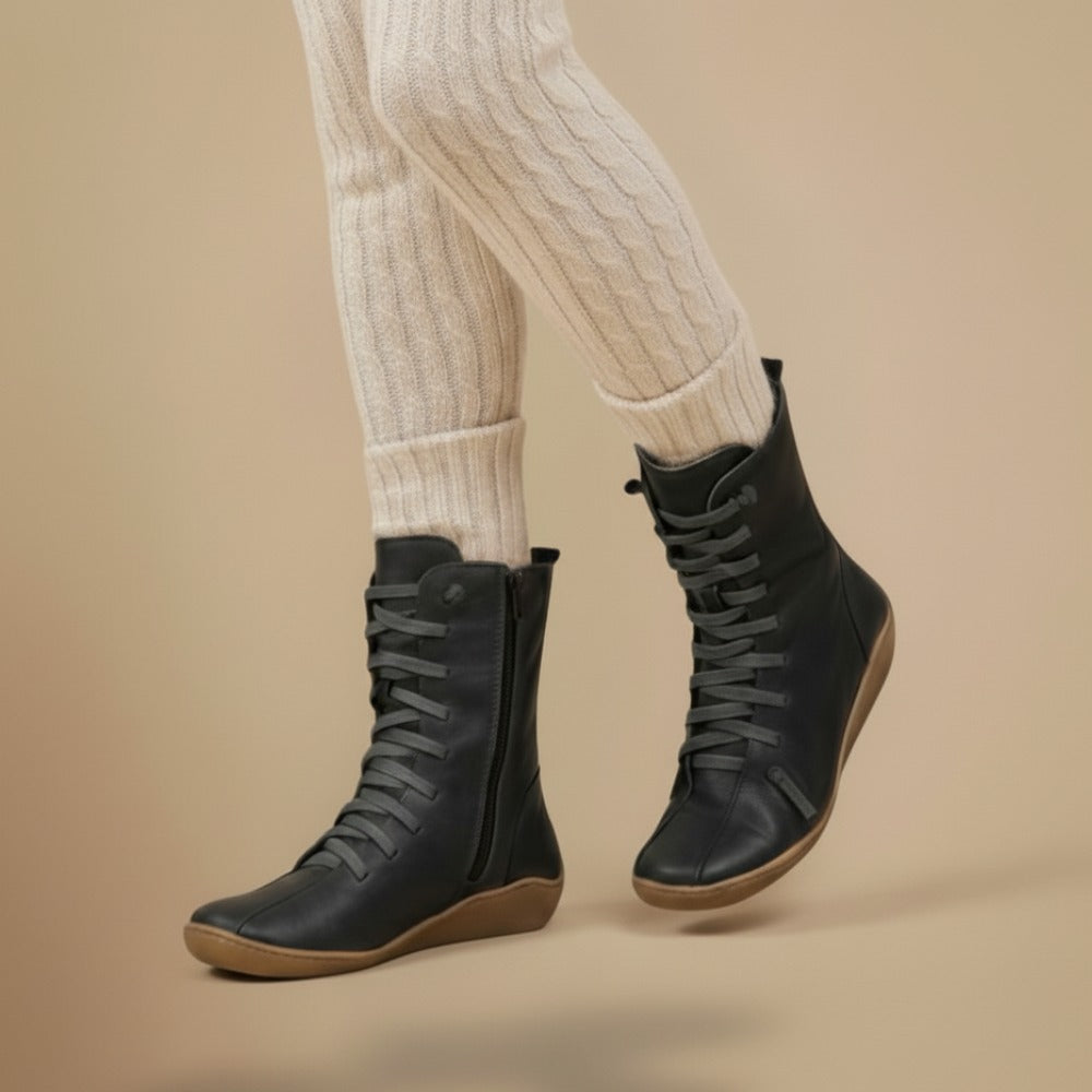 Melly Mid-Calf Boots for Women – Retro Lace-Up Boots with Zip Closure & Flat Sole