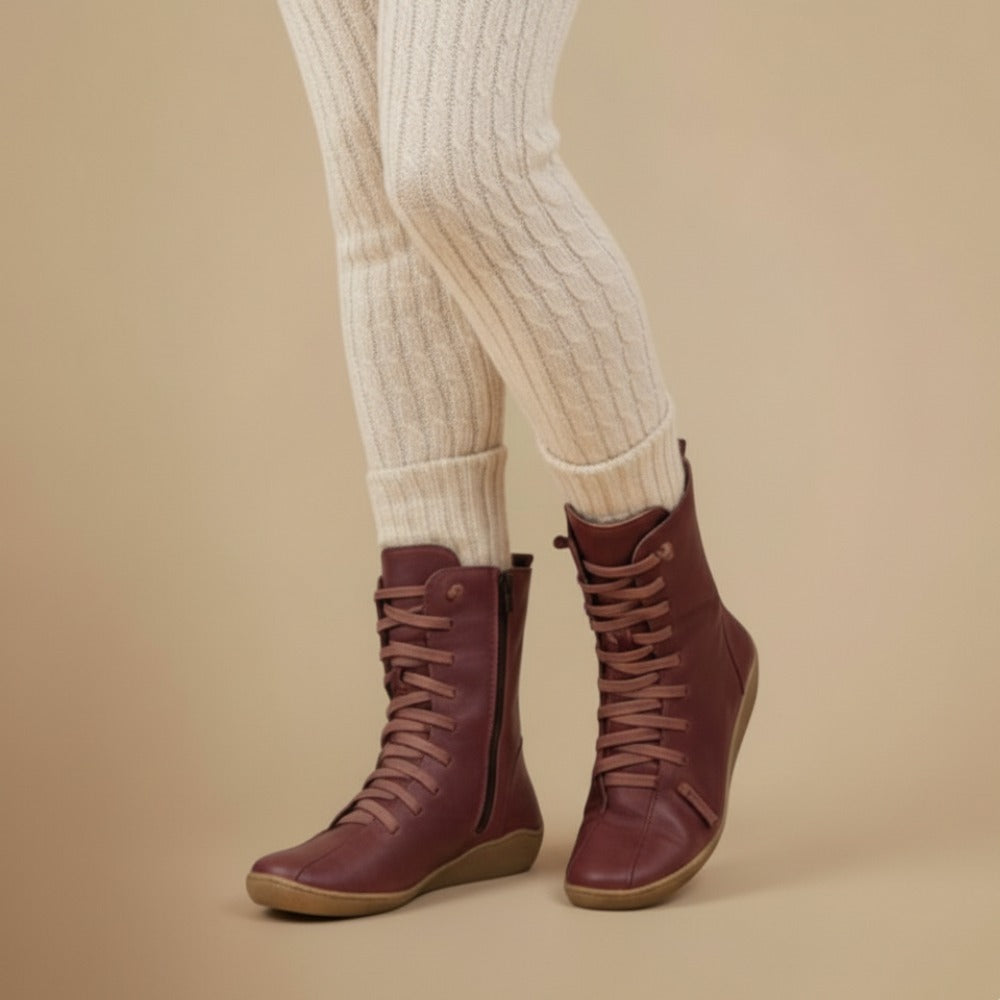 Melly Mid-Calf Boots for Women – Retro Lace-Up Boots with Zip Closure & Flat Sole