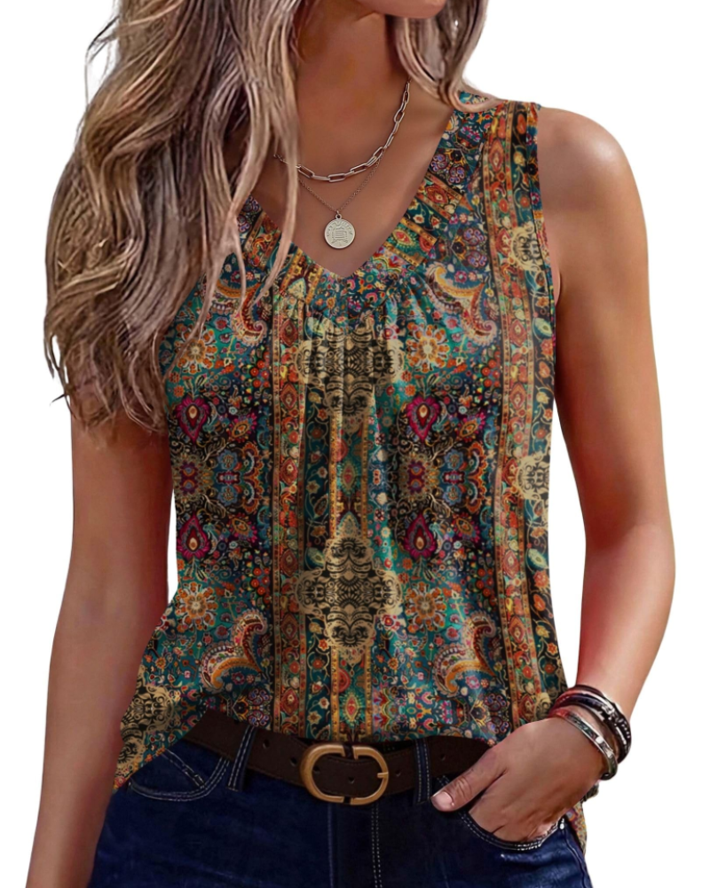 Kaira Sleeveless Top for Women – Pleated V-Neck Tank, Elegant Flowy Summer Cut