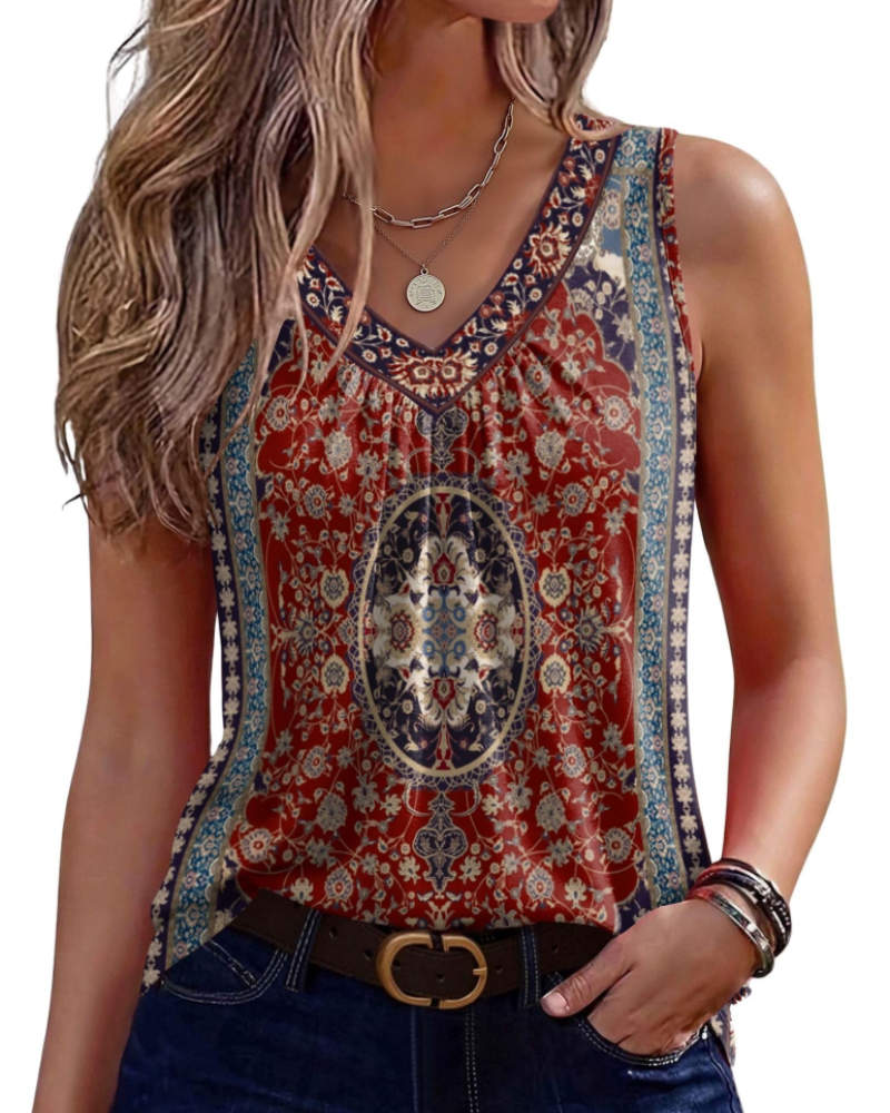 Kaira Sleeveless Top for Women – Pleated V-Neck Tank, Elegant Flowy Summer Cut