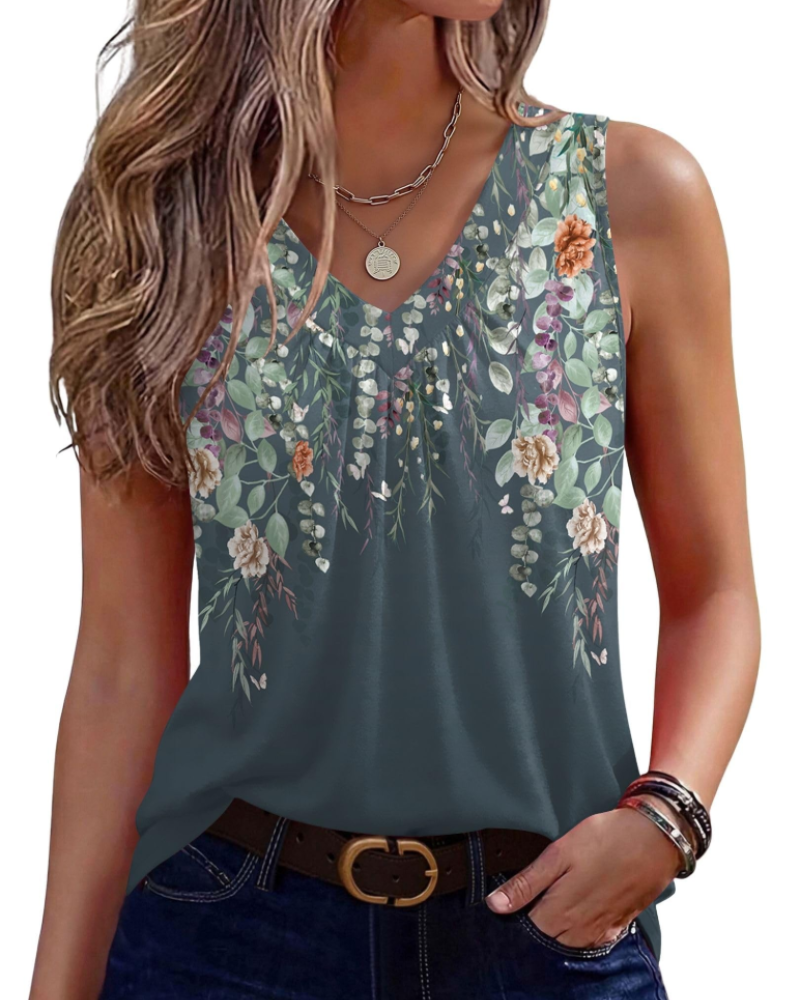 Kaira Sleeveless Top for Women – Pleated V-Neck Tank, Elegant Flowy Summer Cut