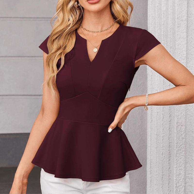 Jaz Elegant Blouse for Women – V-Neck, Cap Sleeves, Structured Cut & Ruffle Hem