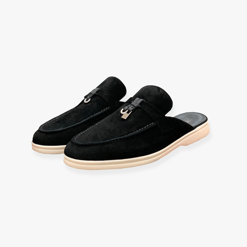 Emary Mules for Women – Slip-On Mules with Buckle Detail & Chic Flat Comfort