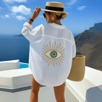 Jamie Boho Shirt for Women – Light Cotton Beach Tunic with Evil Eye Embroidery