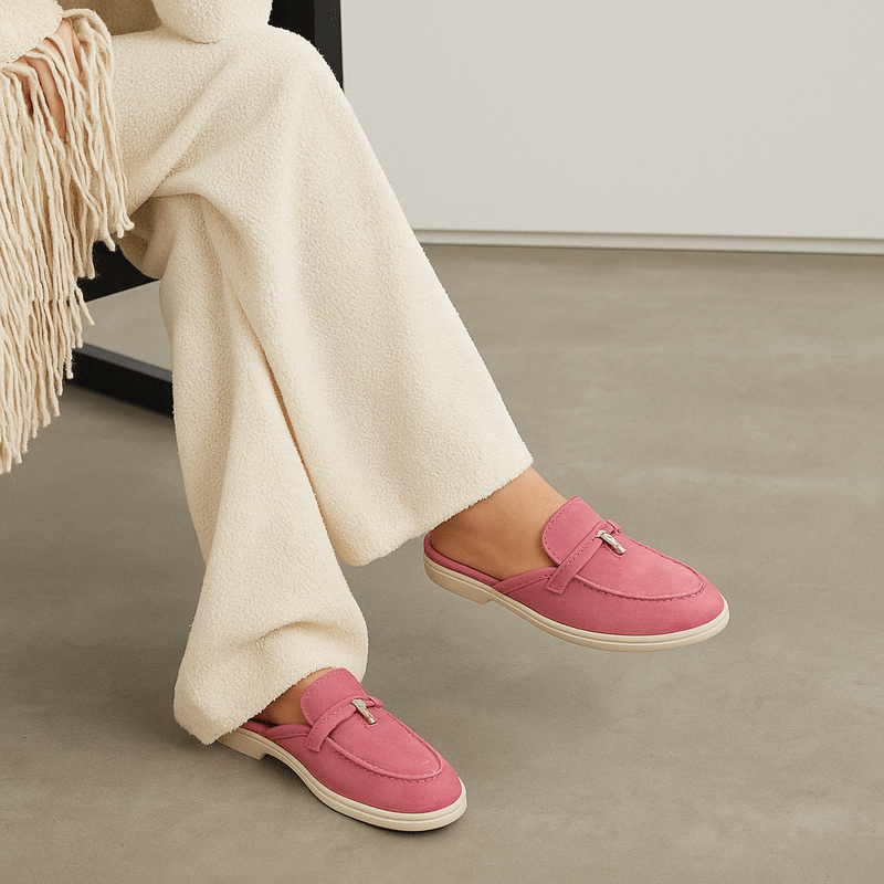 Emary Mules for Women – Slip-On Mules with Buckle Detail & Chic Flat Comfort