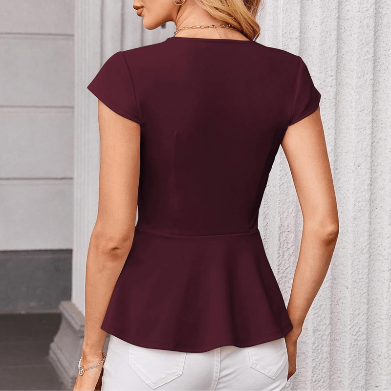 Jaz Elegant Blouse for Women – V-Neck, Cap Sleeves, Structured Cut & Ruffle Hem